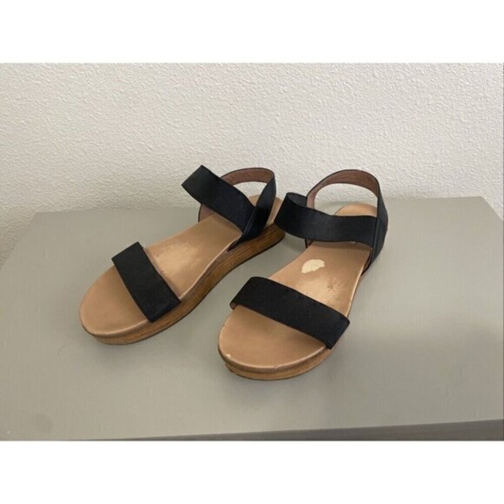 Steve Madden 9M Platform Sandals Womens Black Tan Fair Elastic Wedge Strappy